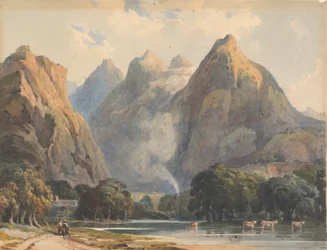Bergsscen med bäck, kor och figurer