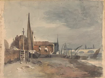 Strandscen med byggnader och båtar