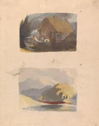 Två ritningar på ett ark: Stuga med figurer framtill (nr 15); Landskap med flod och berg - Sunshine (nr 16)