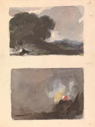 Två ritningar på ett ark: Landskap med träd i förgrunden och berg på avstånd - Hobbema och Ruysdael Princip (nr 5); Figur i interiörscen - Teniers och Ostades princip (nr 6)