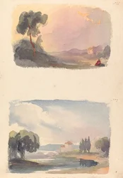 Två teckningar på ett ark: Landskap med berg på avstånd och sittande figurer i förgrunden (nr 1); Landskap med flod och byggnad, berg på avstånd (nr 2)