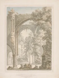 Vy från insidan av Tintern Abbey från mittskeppet till östfönstret