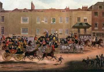 Nordliga postdiligenser vid Peacock, Islington, 1823, 1927