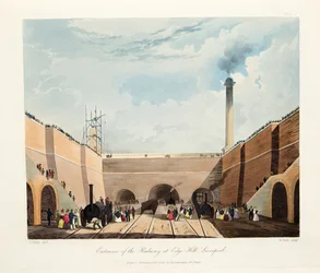 Ingången till järnvägen vid Edge Hill, Liverpool, 1831 (handkolorerat gravyr)