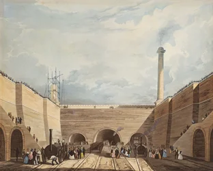 Ingången till järnvägen vid Edge Hill, Liverpool, graverad av H. Pyall, 1831 (handfärgad etsning och akvatint)