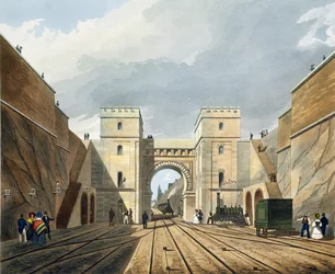 Moriskt valv, sett från tunneln, plansch 10 ur ”Liverpool and Manchester Railway”, graverad av S.G. Hughes, utgiven av R. Ackermann, 1831