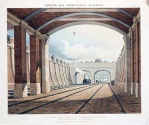 Utsikt tagen från Under Hampstead Road Bridge, med utsikt mot stationen vid Euston Square, 1837 (handfärgad gravyr)