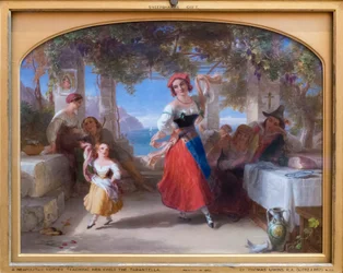 En italiensk mor som lär sitt barn tarantella (olja på pannå)