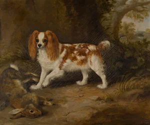 En spaniel med en död hare, ca 1822-74 (olja på duk)