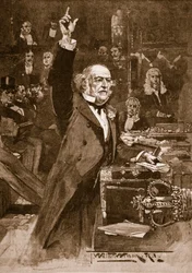 Introduktion av lagförslaget om hemmastyre: Mr. Gladstone levererade sin predikan, 1886, illustration från 