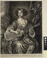 Lady spelar gitarr, "Madame Davis"; efter Sir Peter Lelys målade porträtt, ca. 1674 av Mary Davies i Earl of Bradford-samlingen
