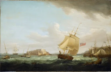 Ett handelsfartyg och andra fartyg utanför Cornet Castle på Guernsey i England. Olja på duk, ca 1796, av Thomas Whitcombe (1763-1825).