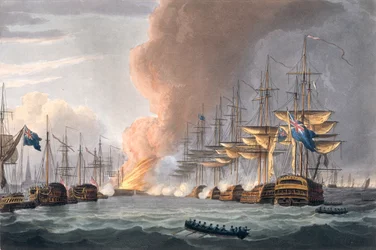 Förstörelse av den danska flottan före Köpenhamn, 2 april 1801, graverad av Thomas Sutherland för J. Jenkins 