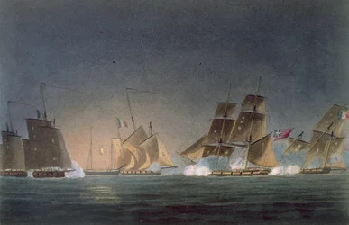 HMS Rinaldo engagerar fyra franska kapare, graverad av J. Bailey för 