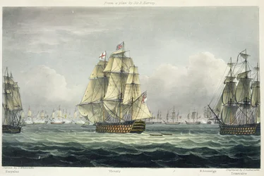 HMS Victory seglar mot den franska linjen, flankerad av Euryalus och HMS Temeraire i slaget vid Trafalgar, 21 oktober 1805, graverad av T. Sutherland för „The Naval Chronology of Great Britain“