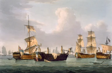 Lord Hothams slag, 14 mars 1795, graverad av Thomas Sutherland för J. Jenkins „Naval Achievements“, 1816