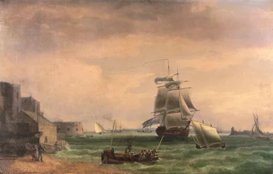 Krigsfartyg och småbåtar i Portsmouths hamn, sent 1700-tal eller tidigt 1800-tal