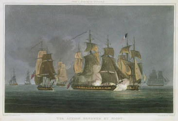 The Action Renewed by Night, utanför Madagaskar, 20 maj 1811, graverad av J. Bailey för 