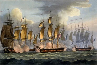 Erövringen av La Prévoyante och La Raison, 17 maj 1795, ur "Storbritanniens marina bedrifter" av James Jenkins, graverad av Thomas Sutherland, utgiven 1817
