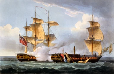 Erövringen av La Vestale, 20 augusti 1799, ur ”Storbritanniens marina bedrifter” av James Jenkins, graverad av Thomas Sutherland, utgiven 1817