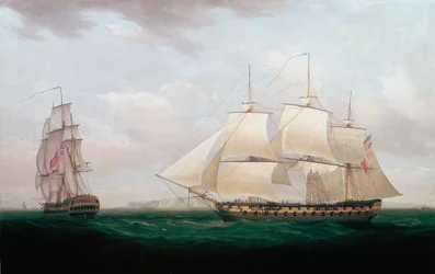 Två ostindiefarare utanför en kust, Thomas Whitcombe, c1850