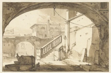 Utsikt genom en båge på en italiensk innergård