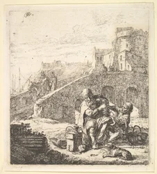 Lazarillo stjäl druvor från den fattiga blinde tiggaren, 1600-talet.
