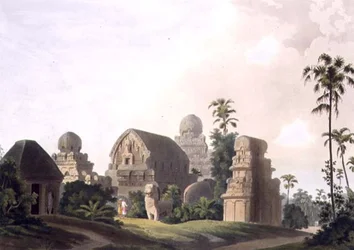 Skulpterade stenar vid Mavalipuram på Coromandels kust, tallrik I från del 3 av puben "Oriental Scenery". 1799 (akvatint)
