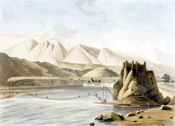 Repbron vid Sirinagur, skylt XXIII från del 6 av "Oriental Scenery", pub. 1805 (akvatint)