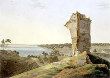 Utsikt från ruinerna av fortet Currah, vid floden Ganges, skylt XXI från del 4 av "Oriental Scenery", pub. 1803 (akvatint)