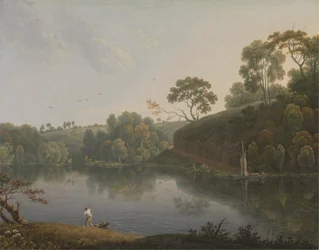 Landskap med sjö och båtar