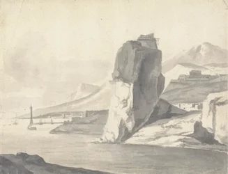 En kustscen (italiensk) med vågbrytare, höga klippor och ett fort