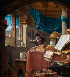 "" Un savant dans son bureau "" (A scholar in his Study) Peinture de Thomas Wyck (Wyjck ou Wijck) (vers 1616-1677) - Olja på duk - 33,5x31 - Hallwylska Museet, Stockholm