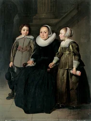 Porträtt av en dam i helfigur, sittande, i svart klänning med vit pipkrage och mössa, hållande en näsduk, med sin son i grå tröja och sin dotter i grön klänning, 1635
