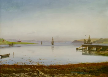 Fartyg på en vik, möjligen Horsens Fjord, ca 1850 (olja på duk)