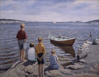 Barn vid kajen (olja på duk)