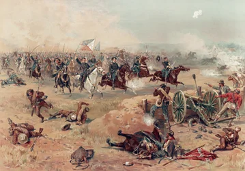 Sheridans Final Charge på Winchester, pub. :. Prang & Co., 1886 (färglitografi)