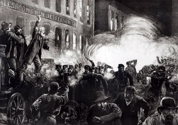 Det anarkistiska upploppet i Chicago: En dynamitbomb exploderar bland polisen, från "Harper