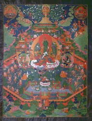 Thangka föreställande Green Tara (gouache på textil)