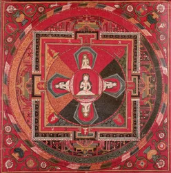 Thangka av en Vajrasattva Mandala (gouache på textil)