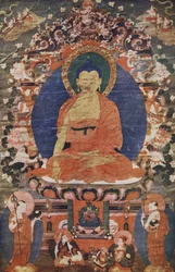 Tibetansk tempelbild av Buddha på tronen, 1700-talet, återgiven i The Outline of History: being a plain history of life and mankind av H.G. Wells, London