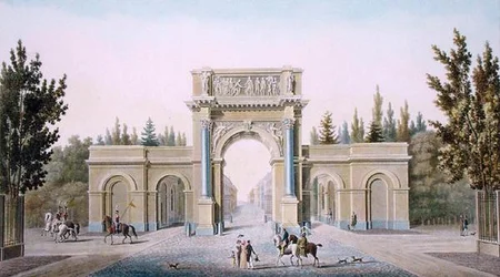 Porte de Guillaume, Bryssel, från "Val av de mest framstående monumenten, byggnaderna och husen i kungariket Nederländerna" av Pierre Jacques Goetghebuer, graverad av författaren, publicerad 1827 (akvatint)