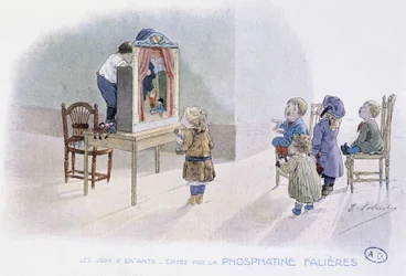 Barnspel: dockor (Guignol?) - dess. de Lobrichon, red. av Phosphatine Falieres, v.1920