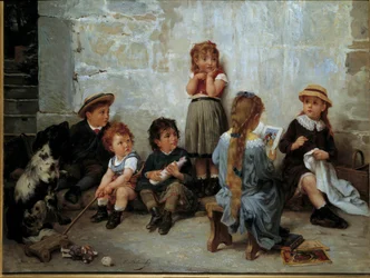 Det spännande stycket: Barn lyssnar på en bok. Målning av Timoléon Lobrichon (1831-1914), 1800-talet. Privat samling