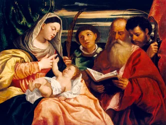 Madonna och barn med Saints Stephen, Jerome och Maurice (olja på duk)
