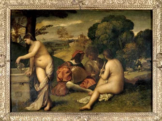 Herdakonserten. Musiker på gräset, de två kvinnorna är nakna, och en av dem fyllde sin kruka med vatten vid en fontän. Målning tillskriven Tiziano Vecellio, kallad Tizian (1485-1576), eller Giorgio da Castelfranco, kallad Giorgione (1476/1478-1510). H.