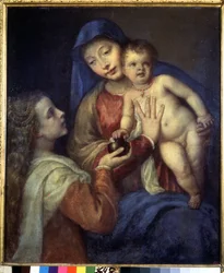 Madonna och barn med Maria Magdalena. Målning av Titian (Tiziano Vecellio eller Vecelli eller Tiziano da Cador