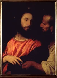 Hyllningspengarna. Petrus tar tillbaka ett mynt från en fisk som han överlämnar till Jesus för att betala tullindrivaren vid ingången till staden Kapernaum (Capharnaum eller Kefar Nahum) Målning av T