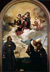 Madonna i ära med Child, Saints Francis och Alvise och donatorn Luigi Gozzi