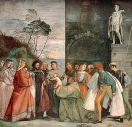 Miracle of Newborn Infant, detalj från scener ur livet av St Anthony of Padua, av Titian (ca 1490-1576), fresk, School of Saint or Scoletta, Padua
